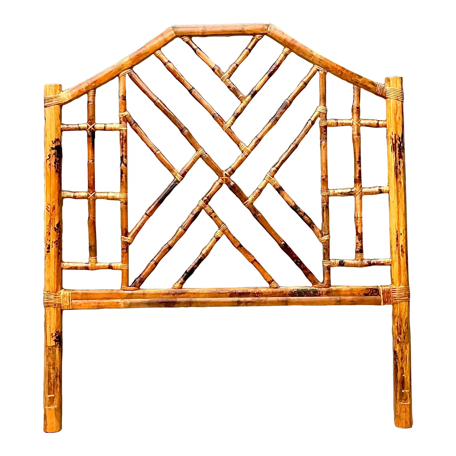 Vintage Kenian Burnt Bamboo a Chinese Chippendale Queen Headboard