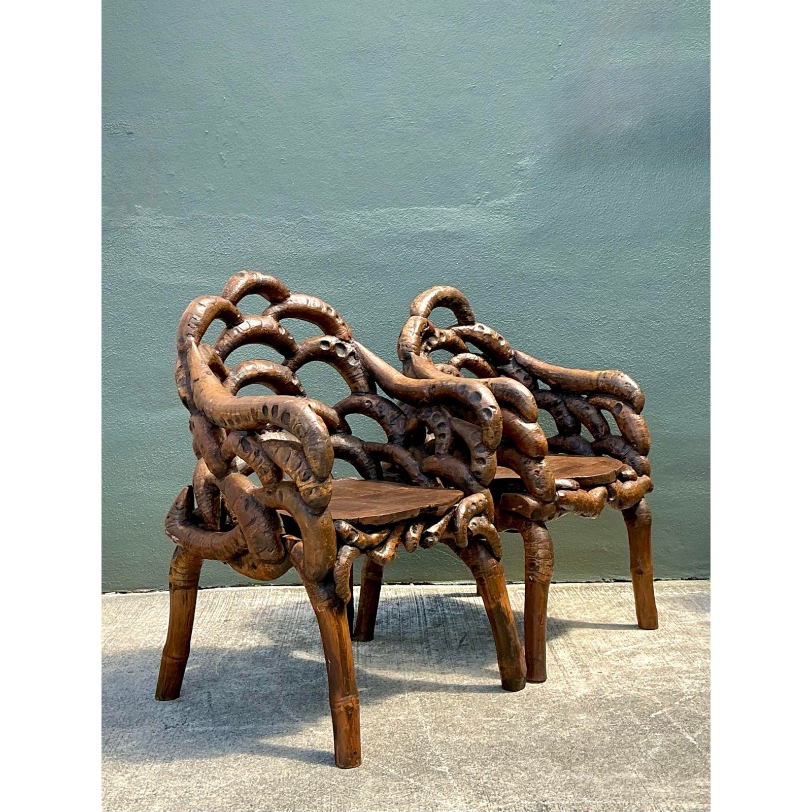 Vintage Knotted Root Arm Chairs - A Pair - Back view