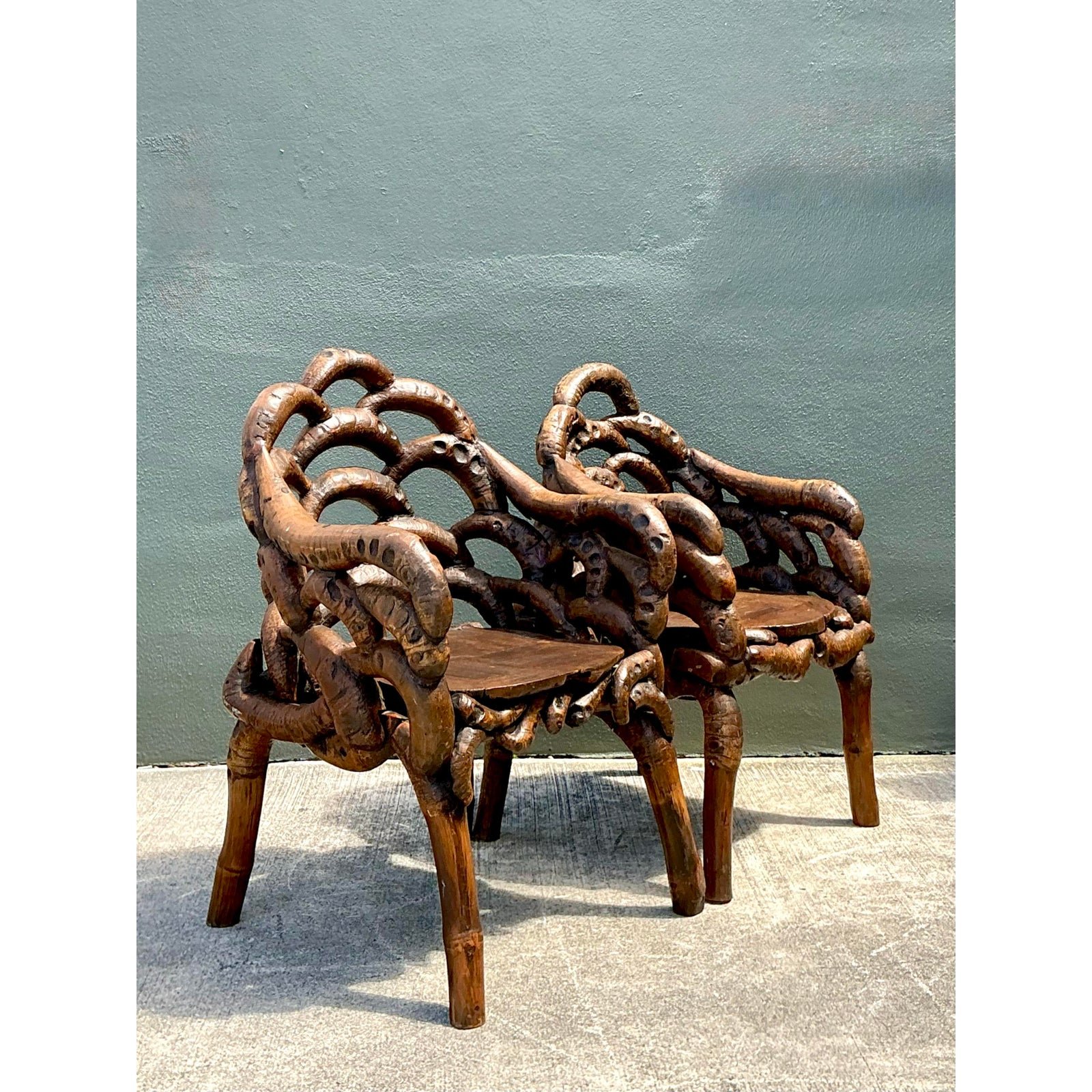 Vintage Knotted Root Arm Chairs - A Pair - Side view