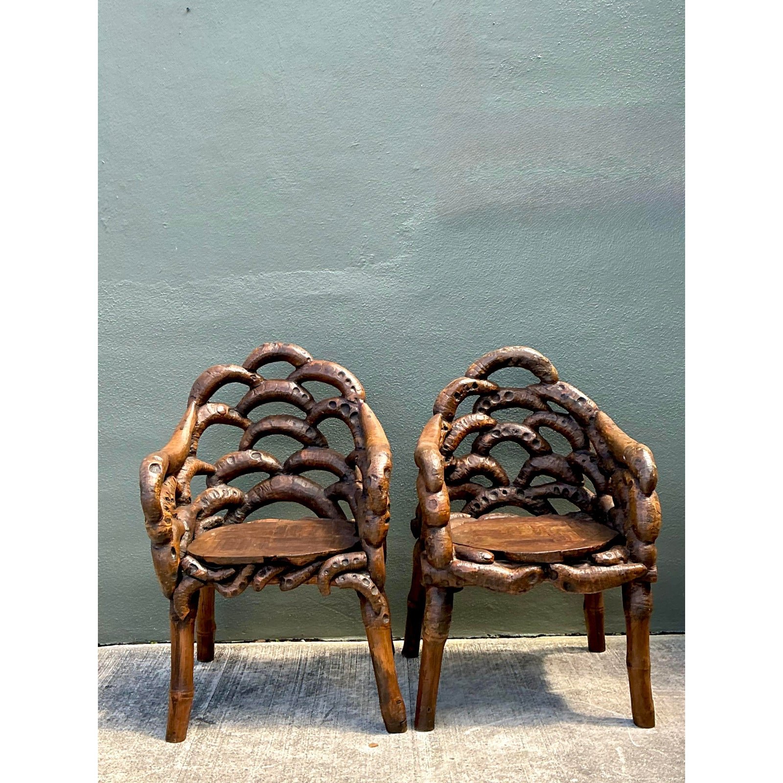 Vintage Knotted Root Arm Chairs - A Pair - Top view