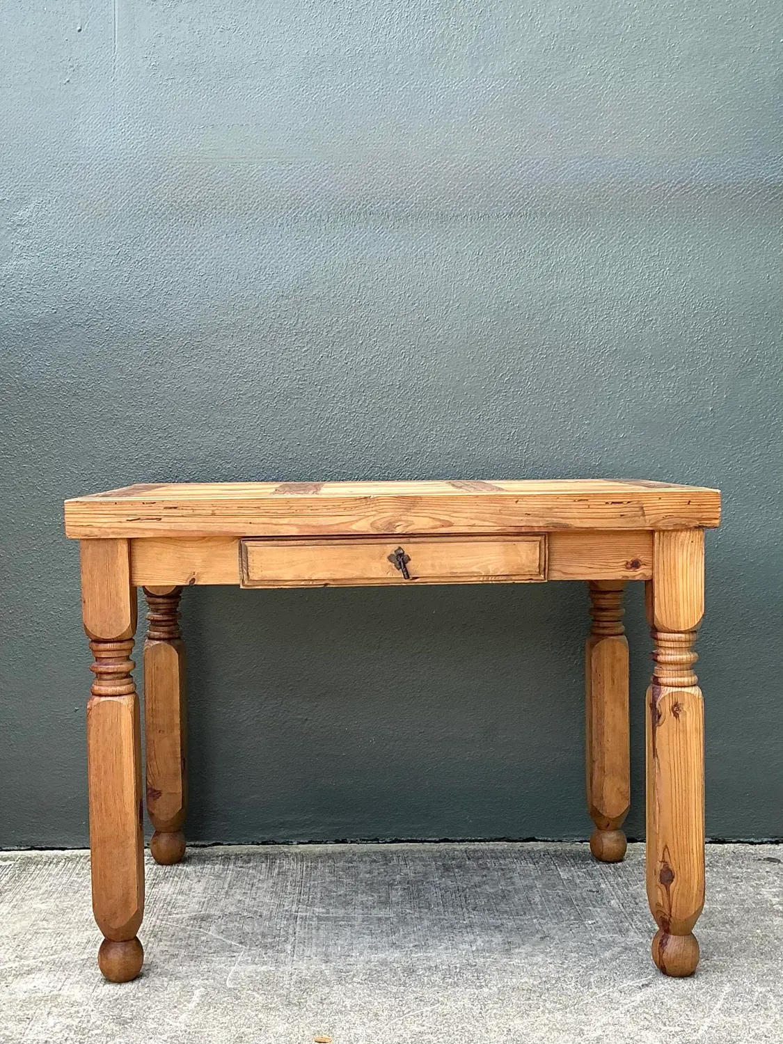 Vintage Knotty Pine Turned Wood Table - Back view