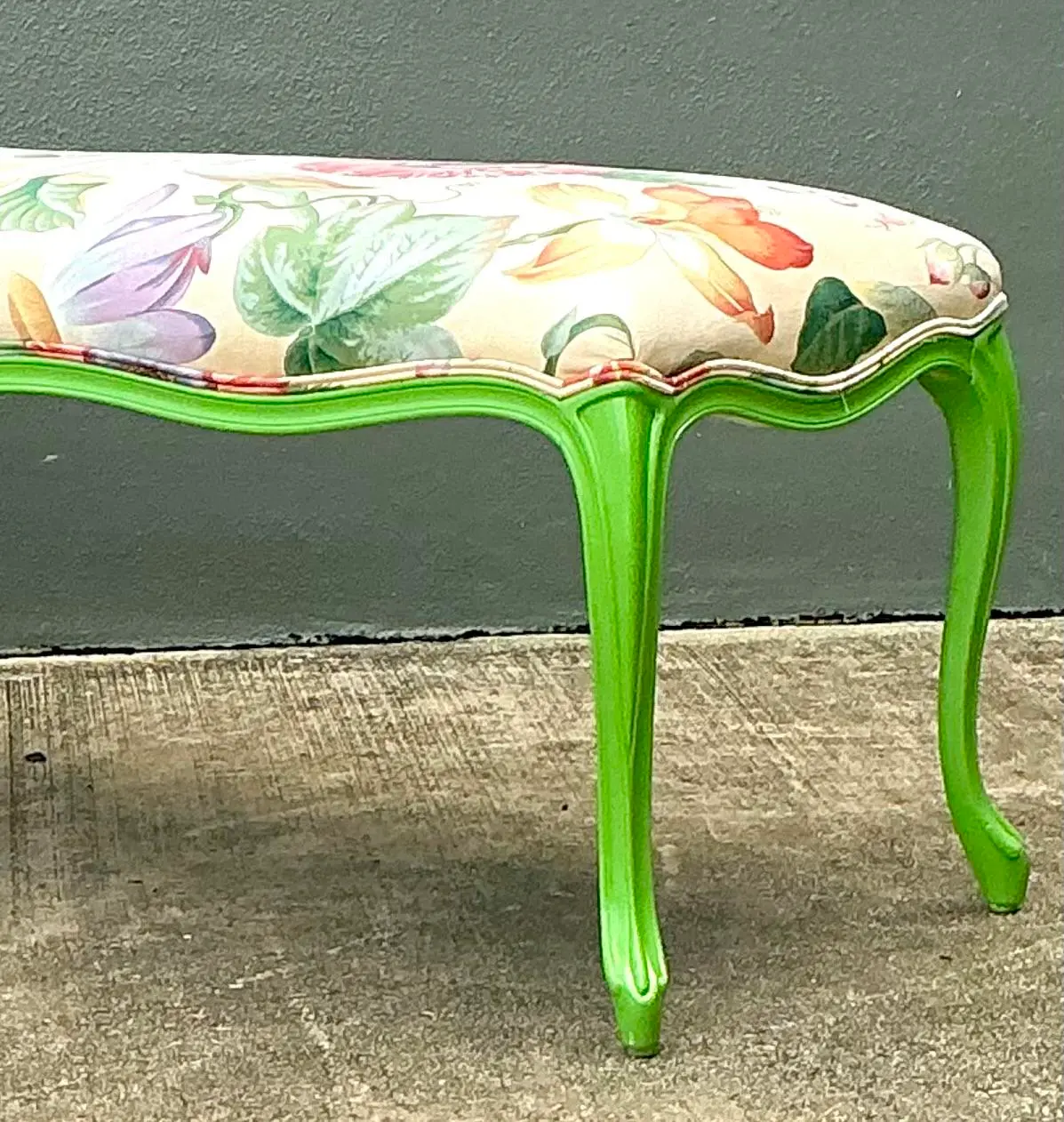 Vintage Lacquered Floral Bench - Side view