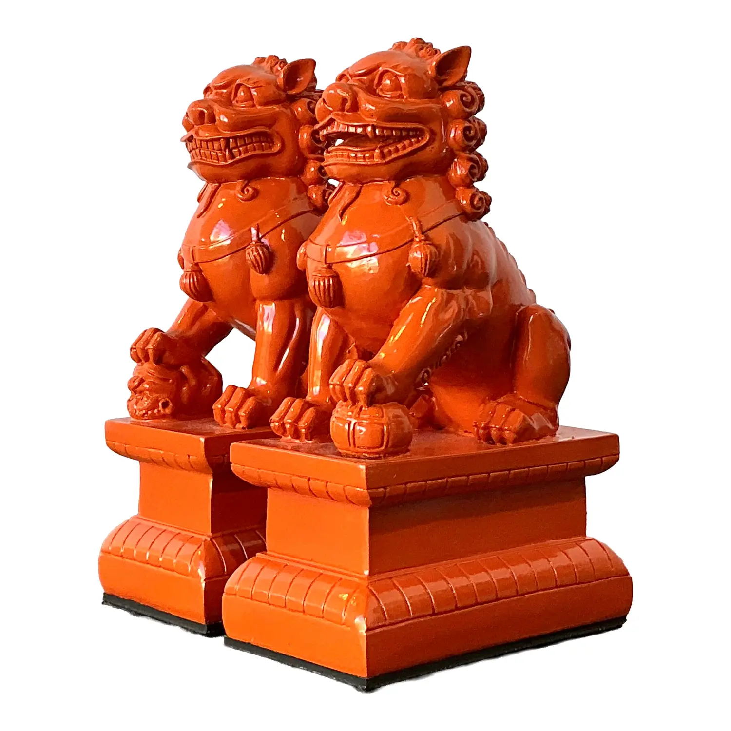 Vintage Lacquered Orange Foo Dogs - A Pair
