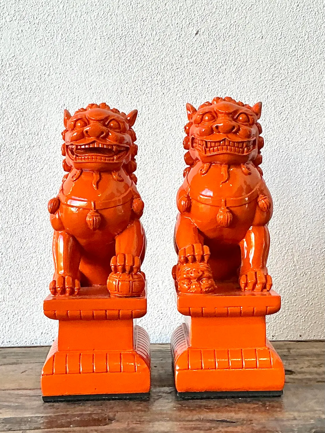 Vintage Lacquered Orange Foo Dogs - A Pair - Side view