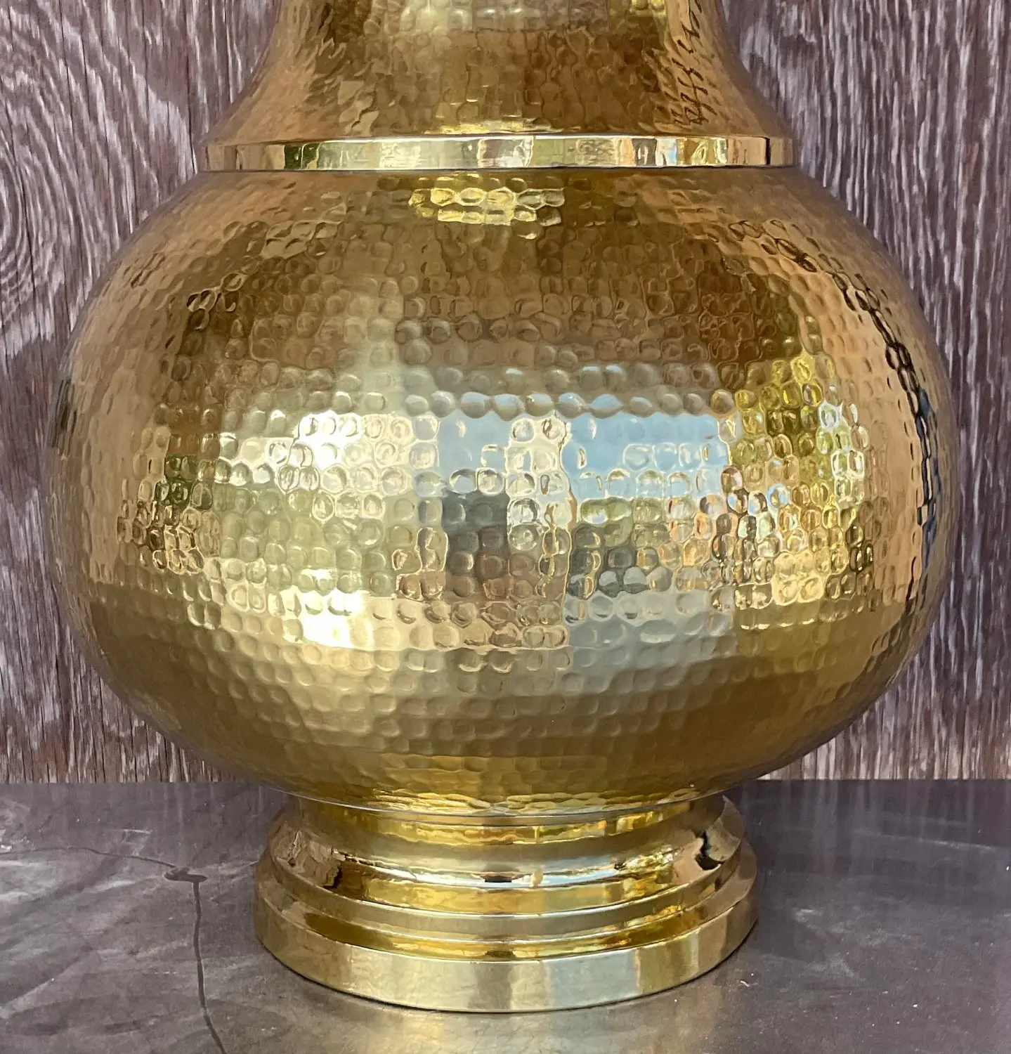 Vintage Late 20th Century Boho Hammered Brass Table Lamp - Detail view