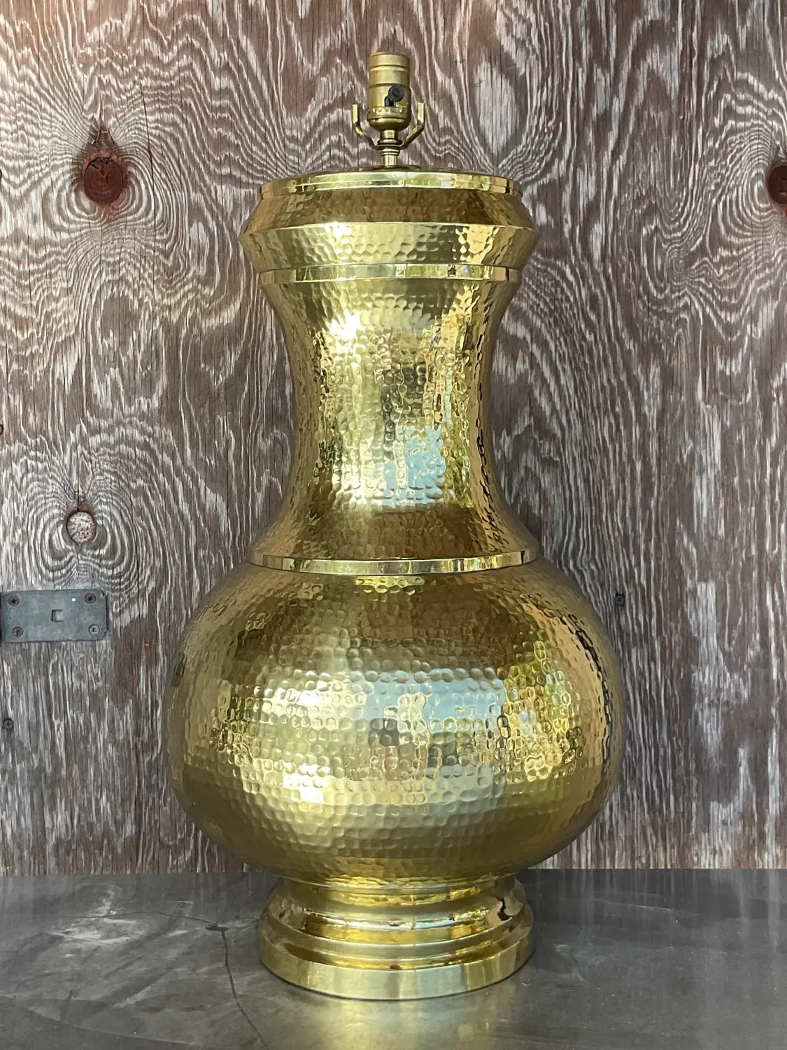 Vintage Late 20th Century Boho Hammered Brass Table Lamp - Side view