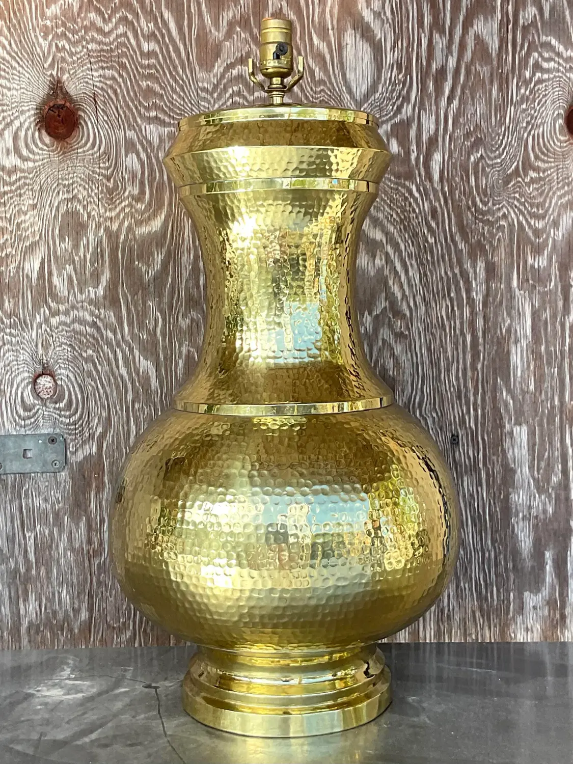 Vintage Late 20th Century Boho Hammered Brass Table Lamp - Top view