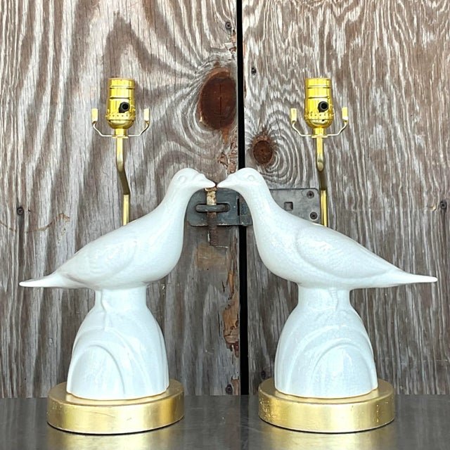 Vintage Late 20th Century Boho Love Bird Lamps - a Pair - Top view