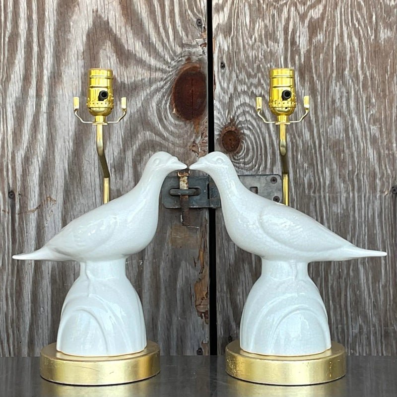 Vintage Late 20th Century Boho Love Bird Lamps - a Pair - Detail view