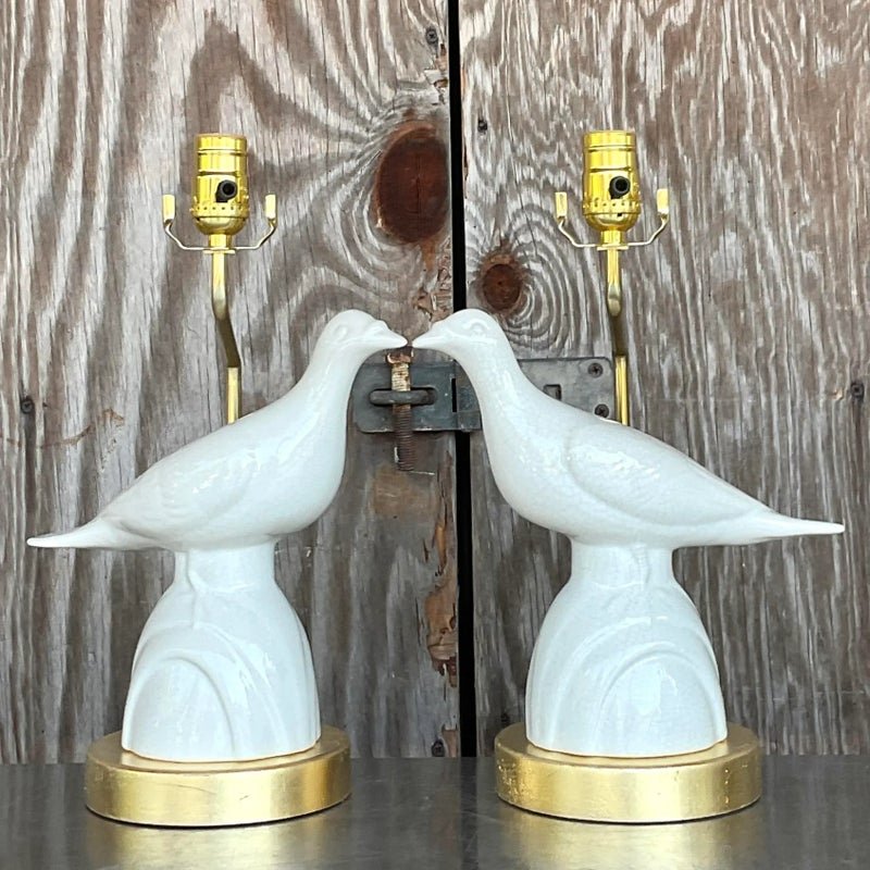Vintage Late 20th Century Boho Love Bird Lamps - a Pair - Back view