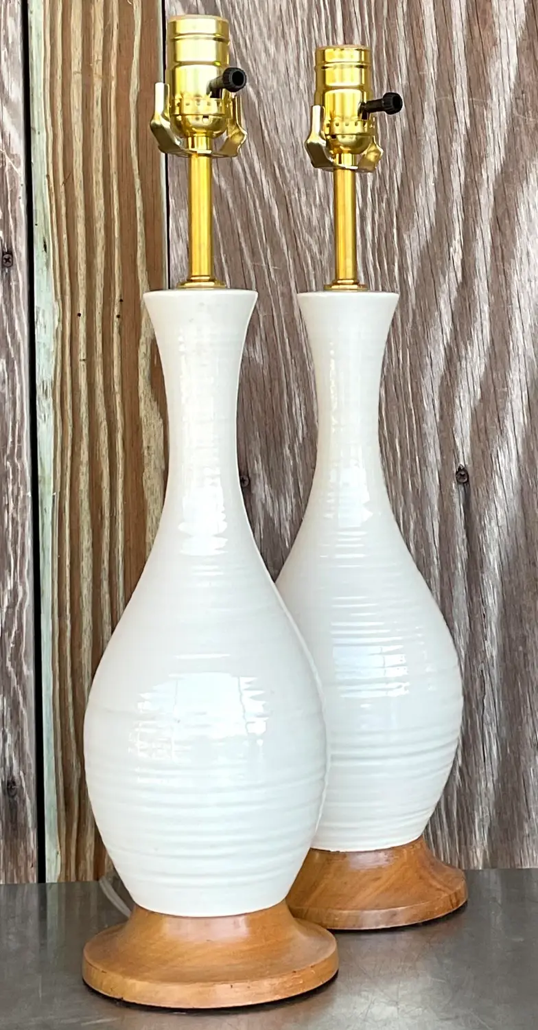 Vintage Late 20th Century Wheel Turned Ceramic Lamps - a Pair - Side view