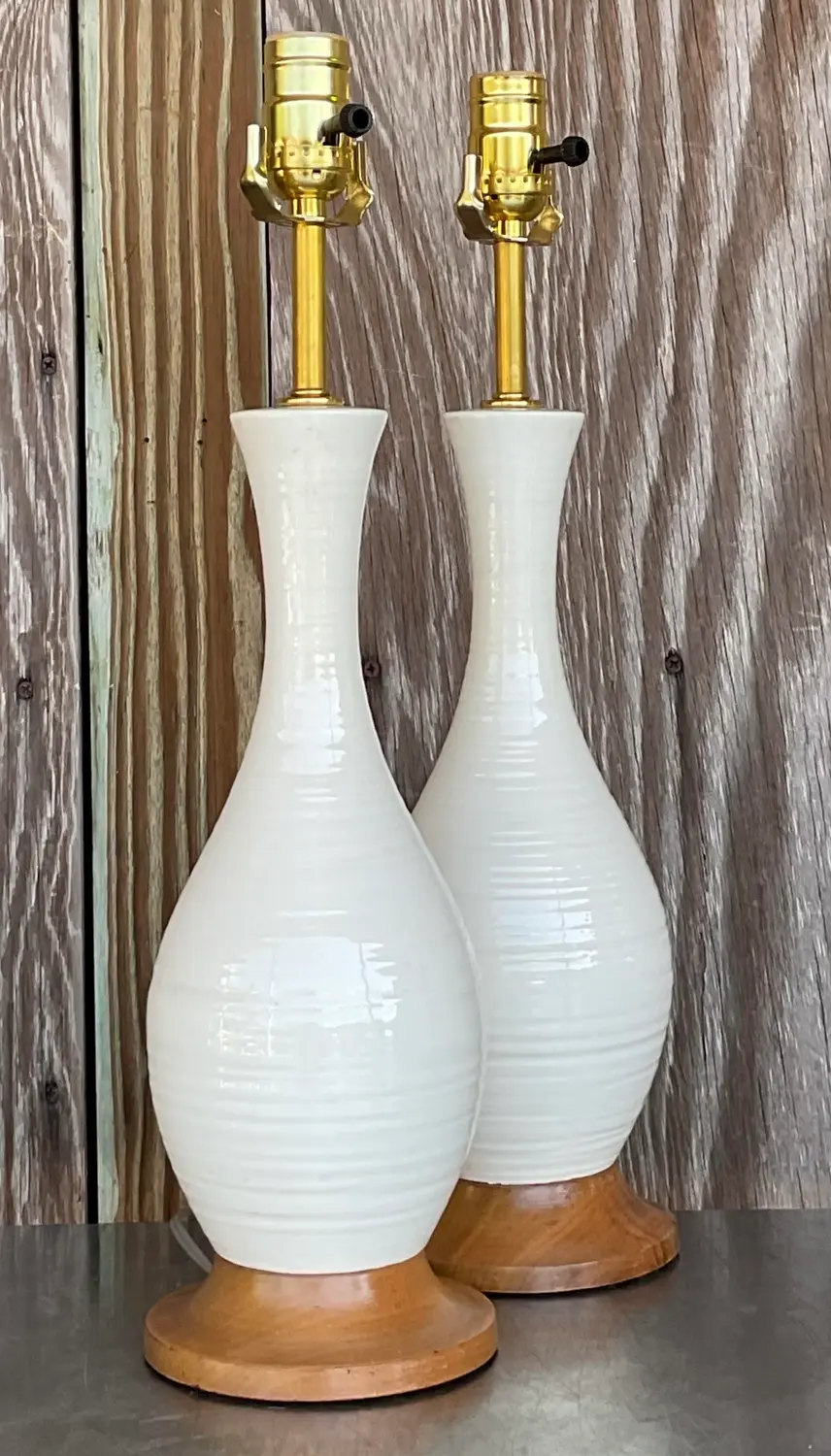 Vintage Late 20th Century Wheel Turned Ceramic Lamps - a Pair - Back view