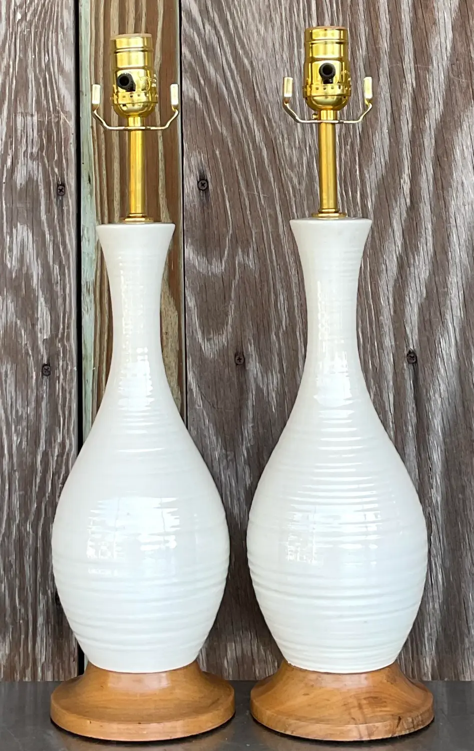 Vintage Late 20th Century Wheel Turned Ceramic Lamps - a Pair - Top view