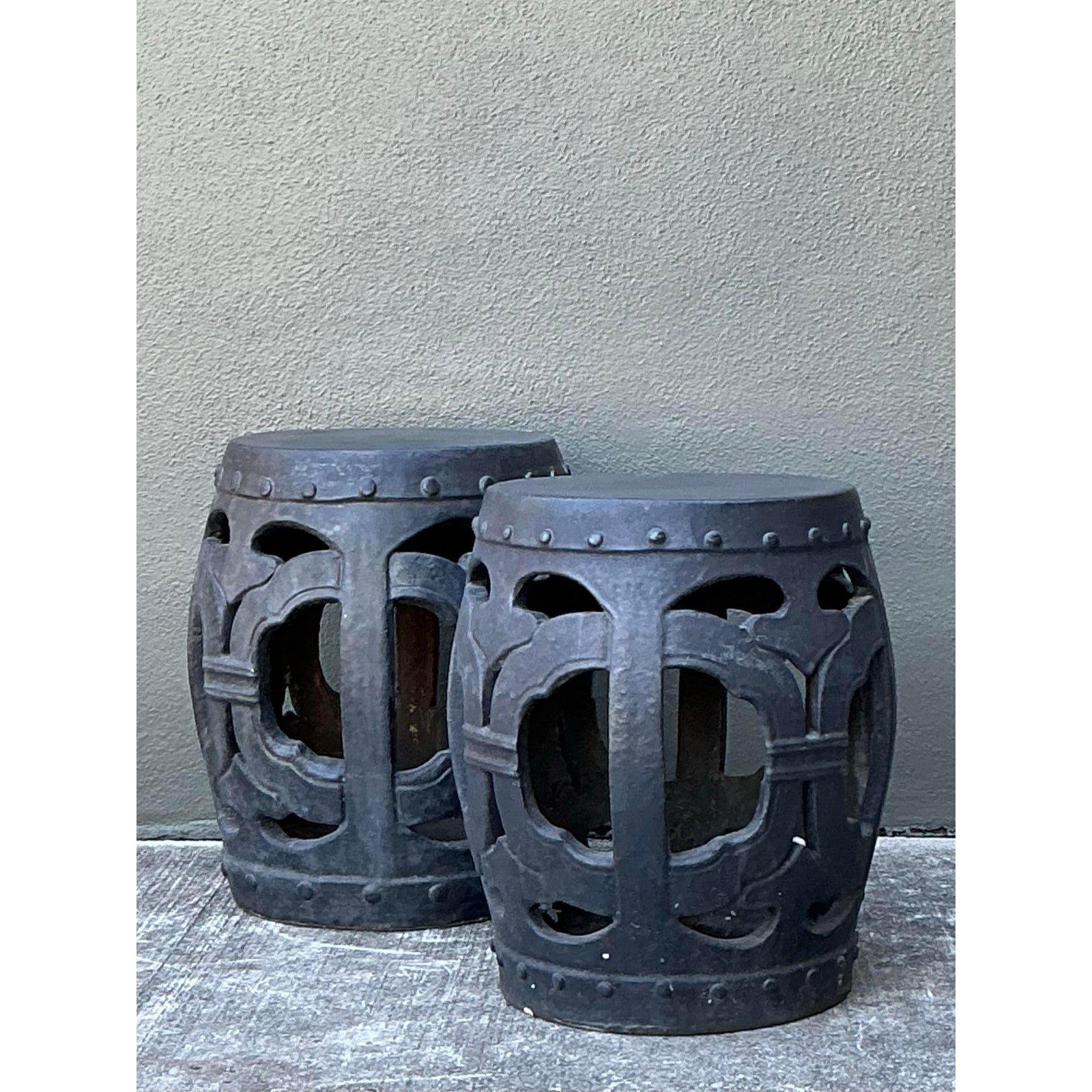 Vintage Linked Rings Matte Glazed Ceramic Garden Stools - A Pair - Top view