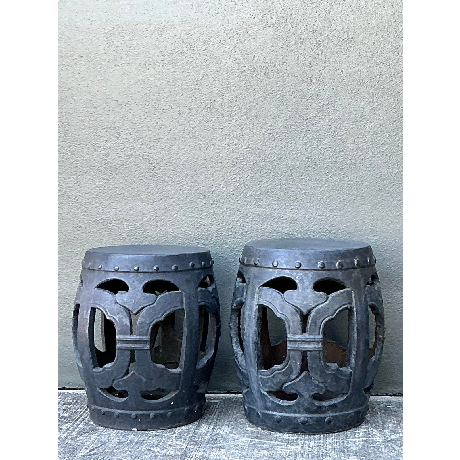 Vintage Linked Rings Matte Glazed Ceramic Garden Stools - A Pair - Detail view