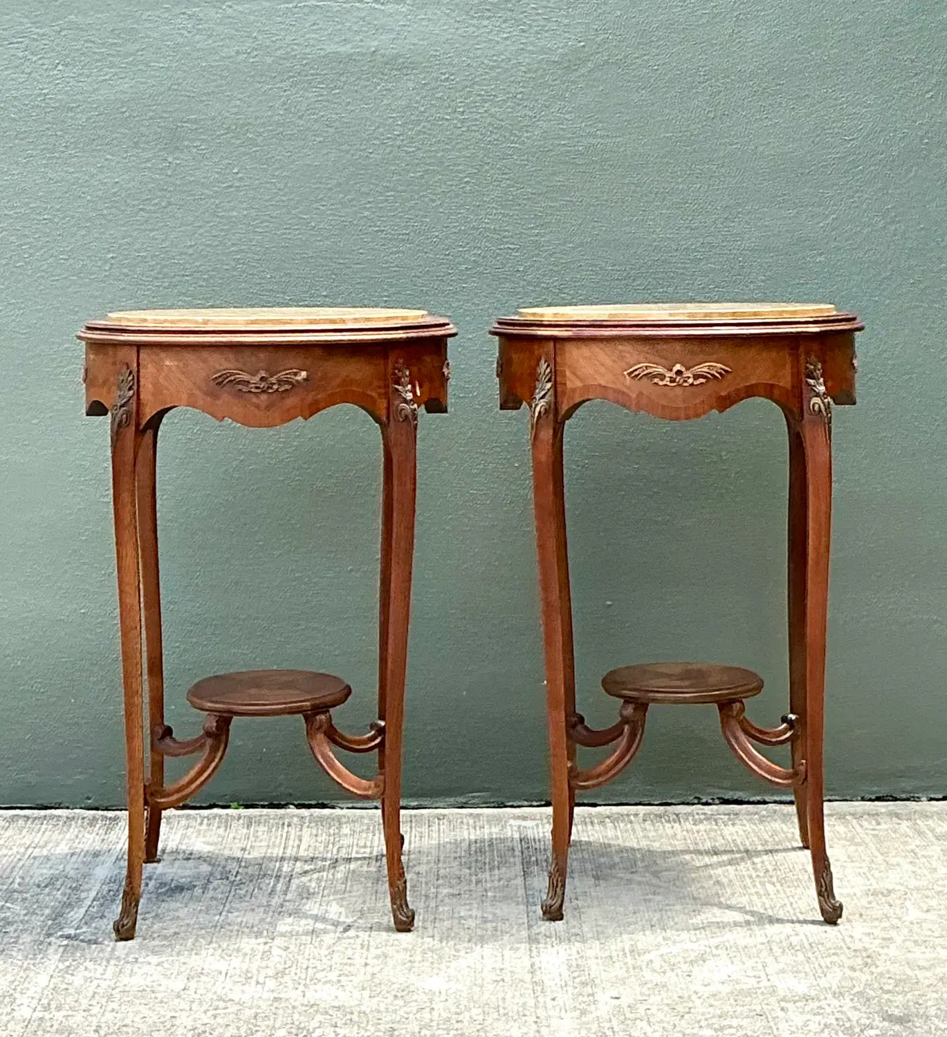 Vintage Louis XV Stone Top Side Tables - A Pair - Side view