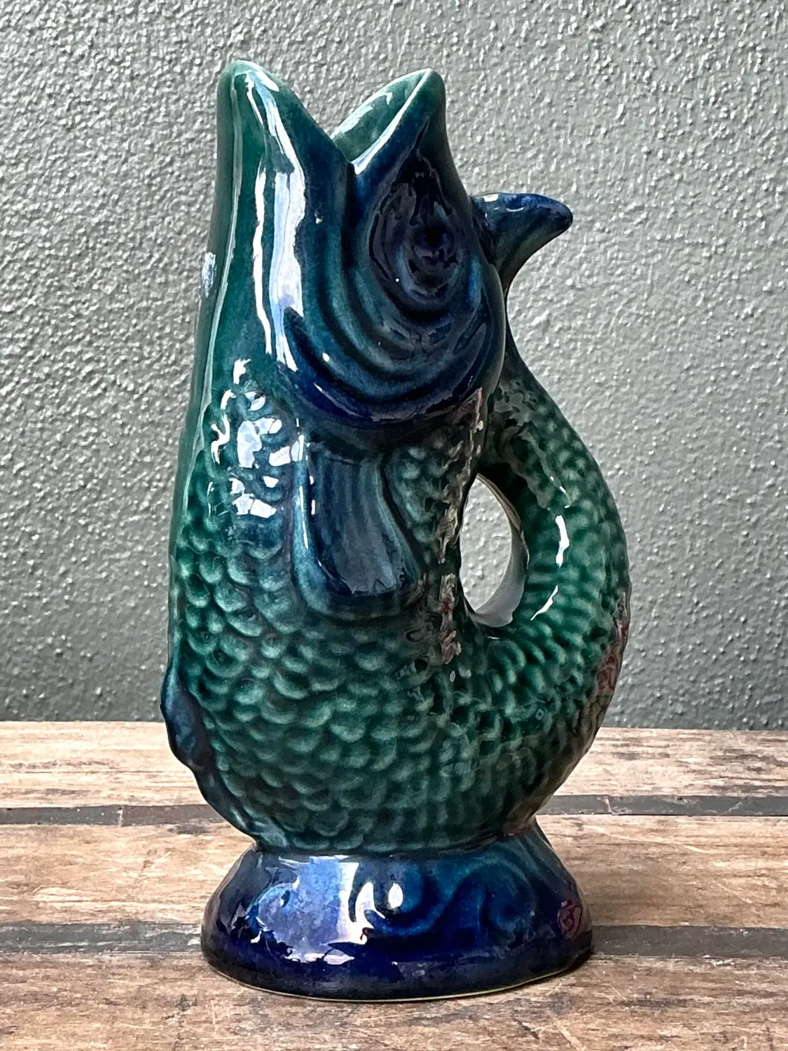 Vintage Majolica Glazed Ceramic Fish Pitcher - Side view