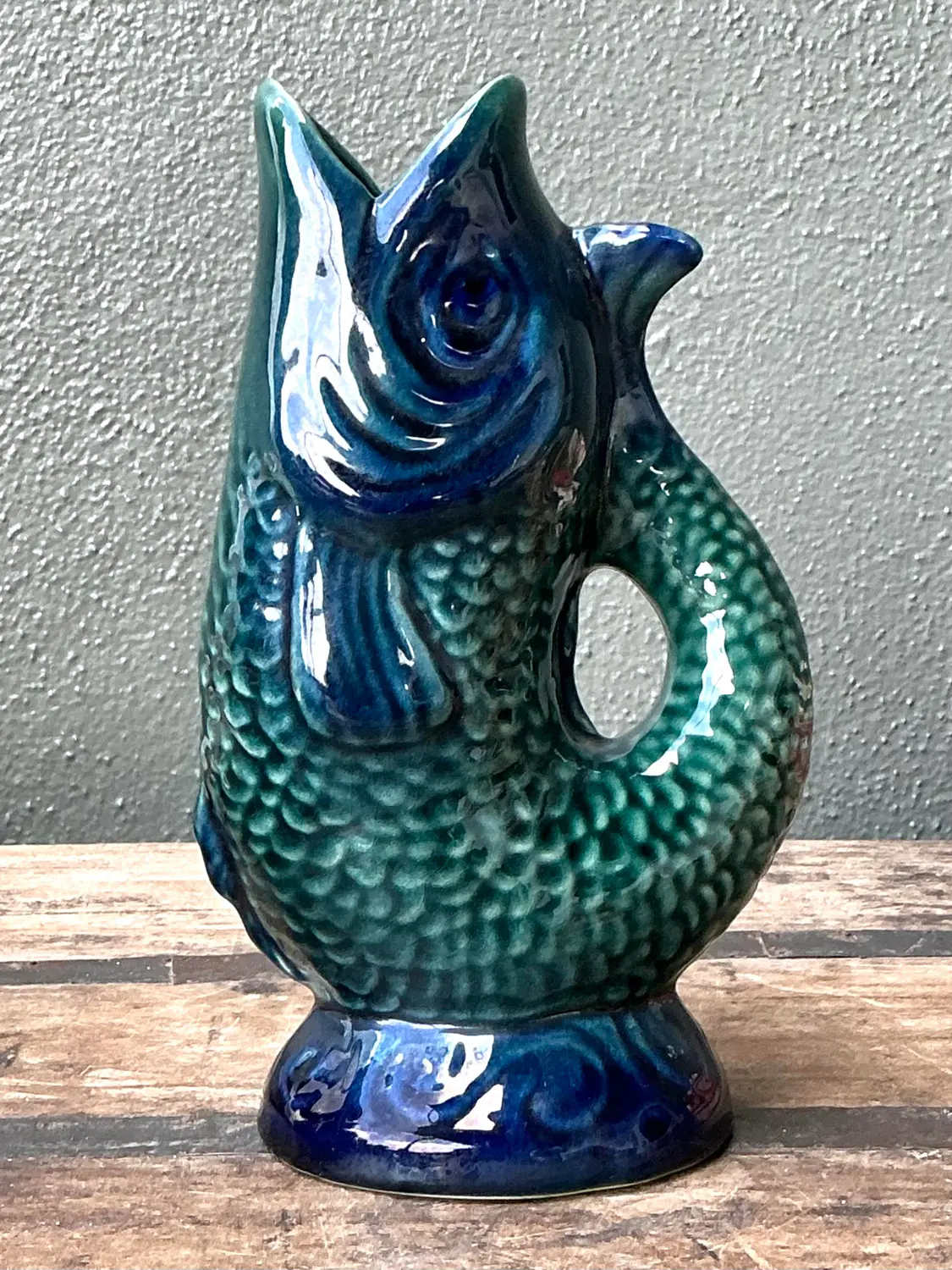 Vintage Majolica Glazed Ceramic Fish Pitcher - Back view