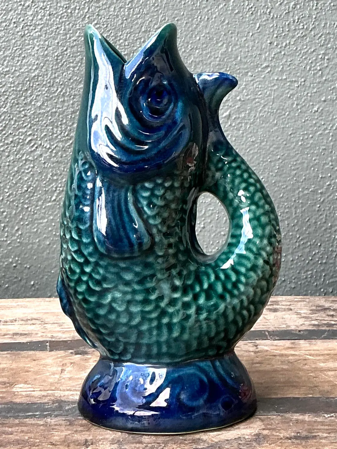 Vintage Majolica Glazed Ceramic Fish Pitcher - Top view