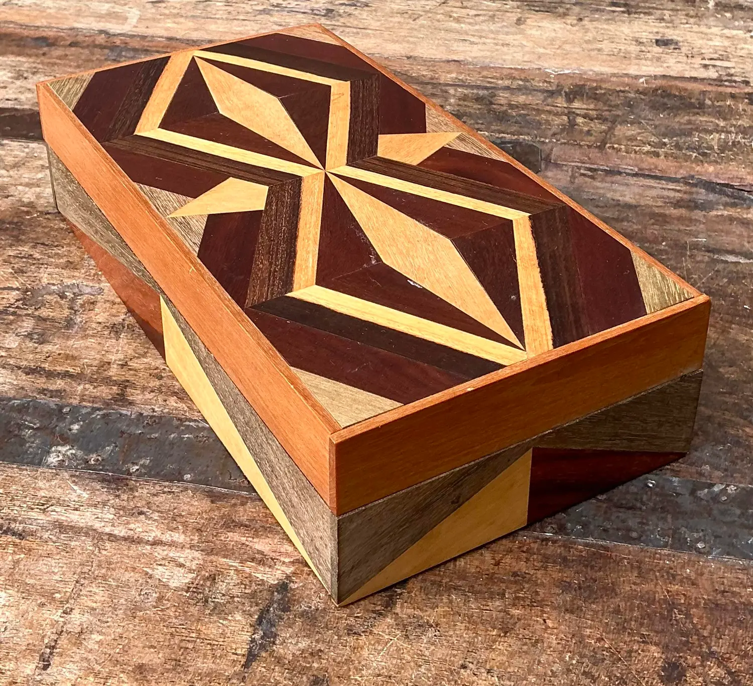 Vintage Marquetry Wood Diamond Box - Top view