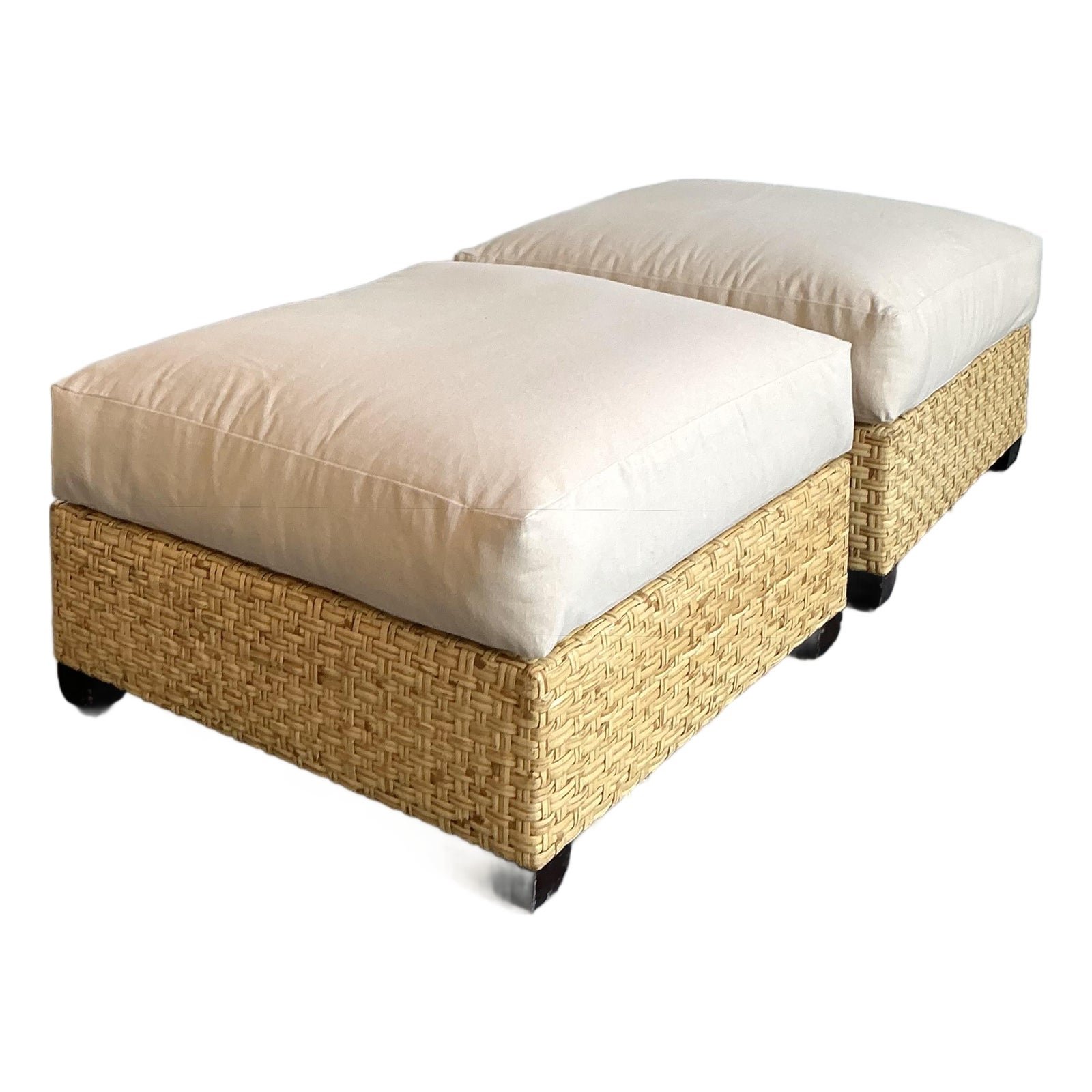 Vintage McGuire Woven Rattan Ottomans - A Pair