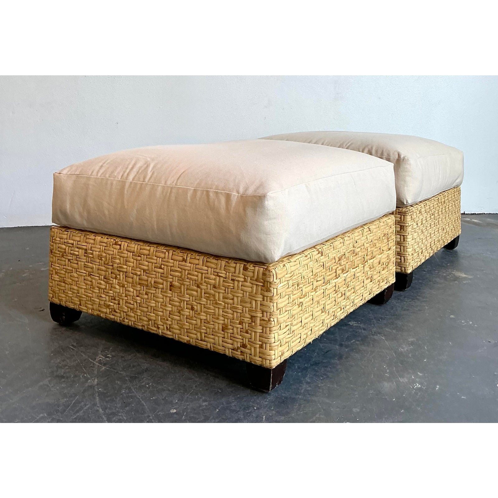 Vintage McGuire Woven Rattan Ottomans - A Pair - Side view