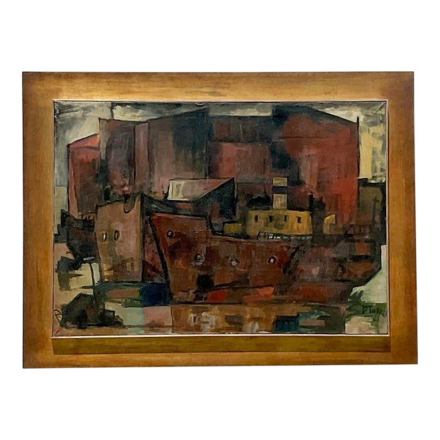 Vintage MCM Abstract Cubist Cityscape Signed Original Oil on Canvas