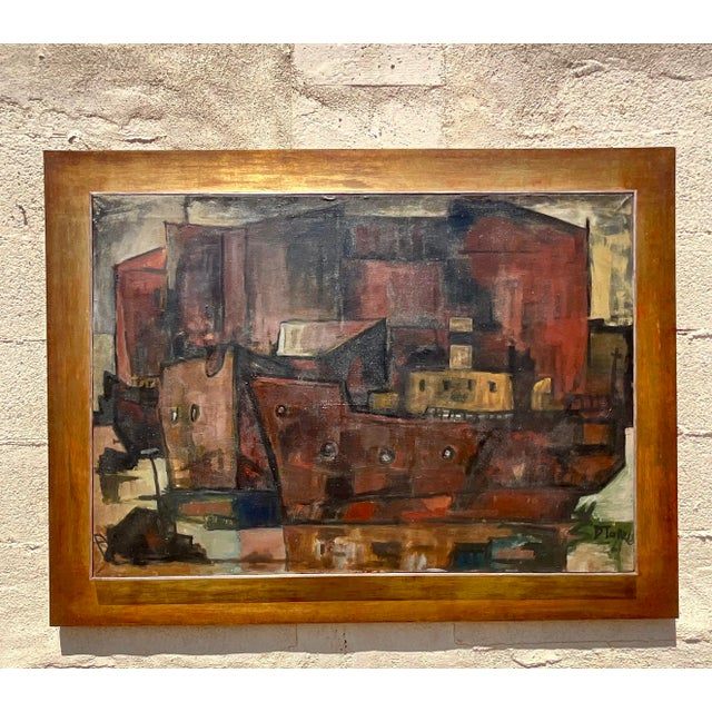 Vintage MCM Abstract Cubist Cityscape Signed Original Oil on Canvas - Side view