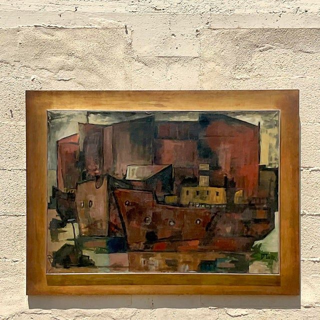 Vintage MCM Abstract Cubist Cityscape Signed Original Oil on Canvas - Top view