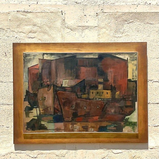 Vintage MCM Abstract Cubist Cityscape Signed Original Oil on Canvas - Back view