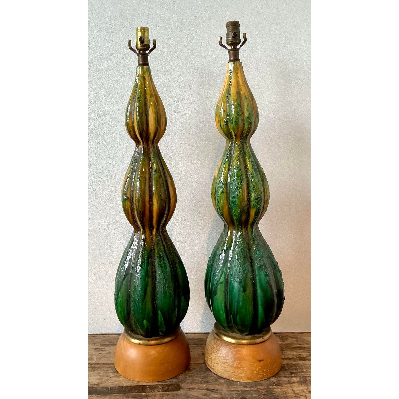 Vintage MCM Drip Glaze Ceramic Lamps - A Pair - Side view