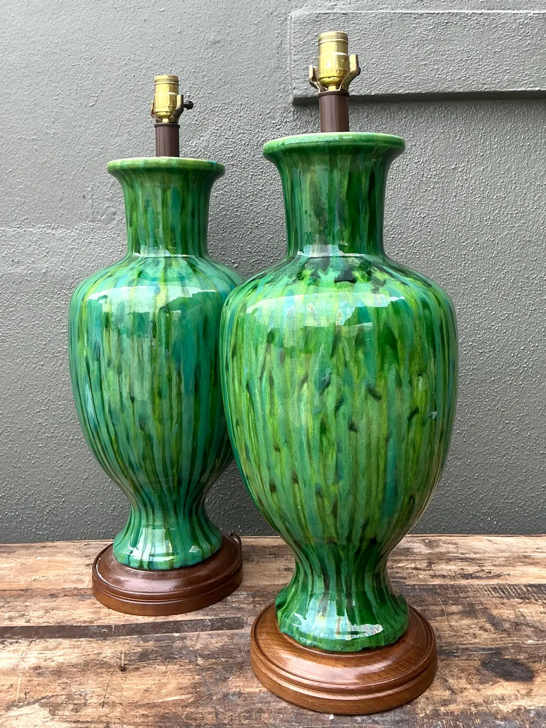 Vintage MCM Drip Glaze Ceramic Lamps - A Pair - Top view