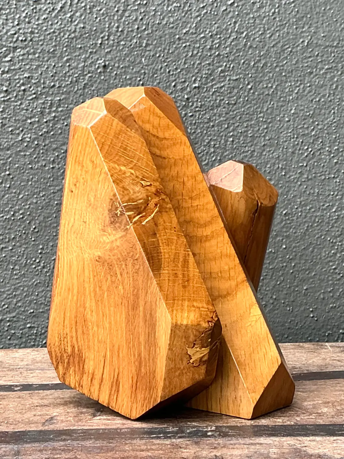 Vintage MCM Faceted Wood Sculpture - Side view