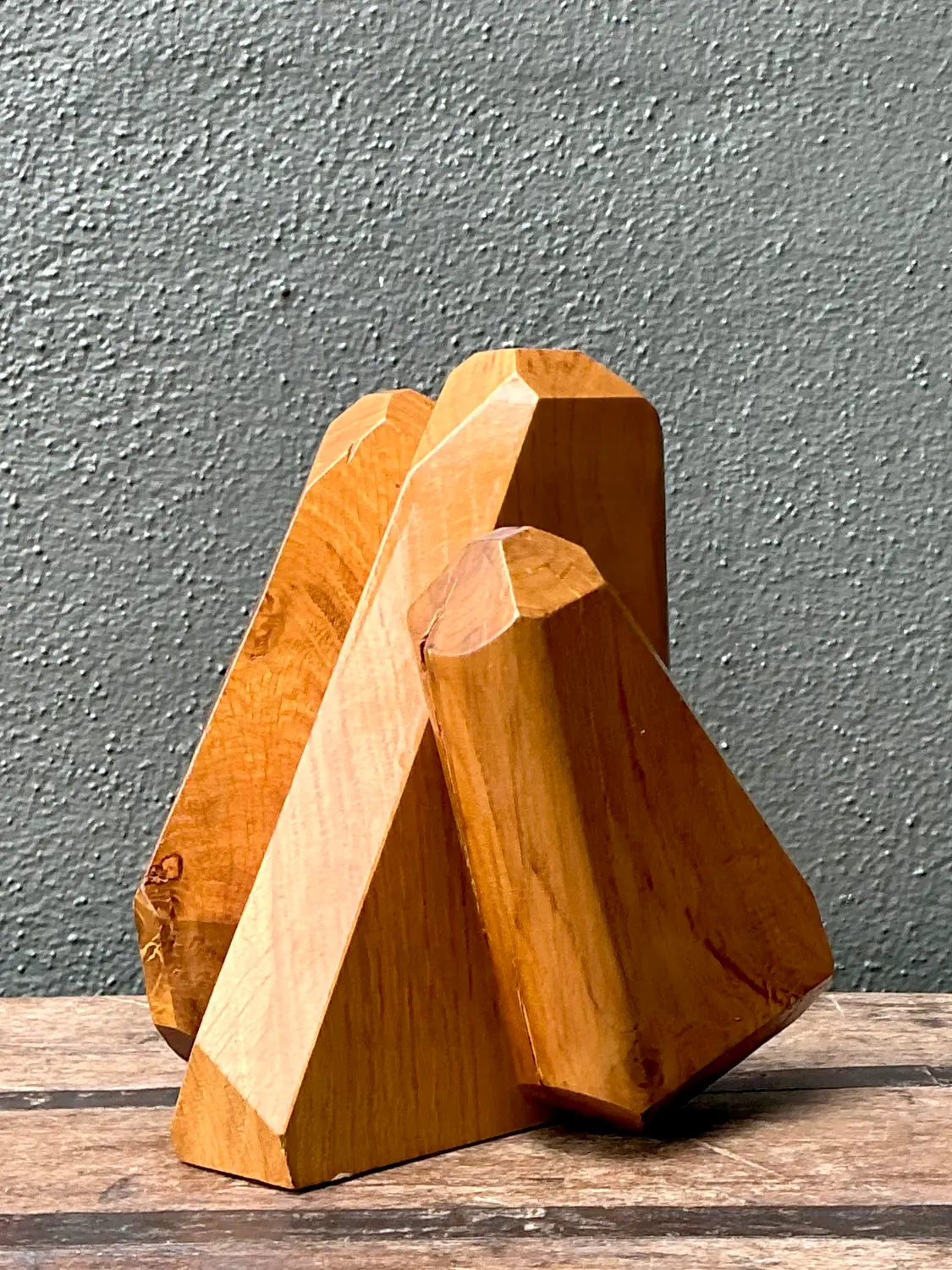 Vintage MCM Faceted Wood Sculpture - Back view