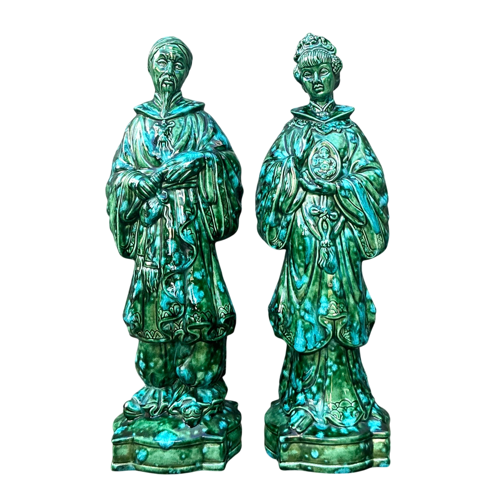 Vintage MCM Glazed Ceramic Chinoiserie Figures - Set of 2
