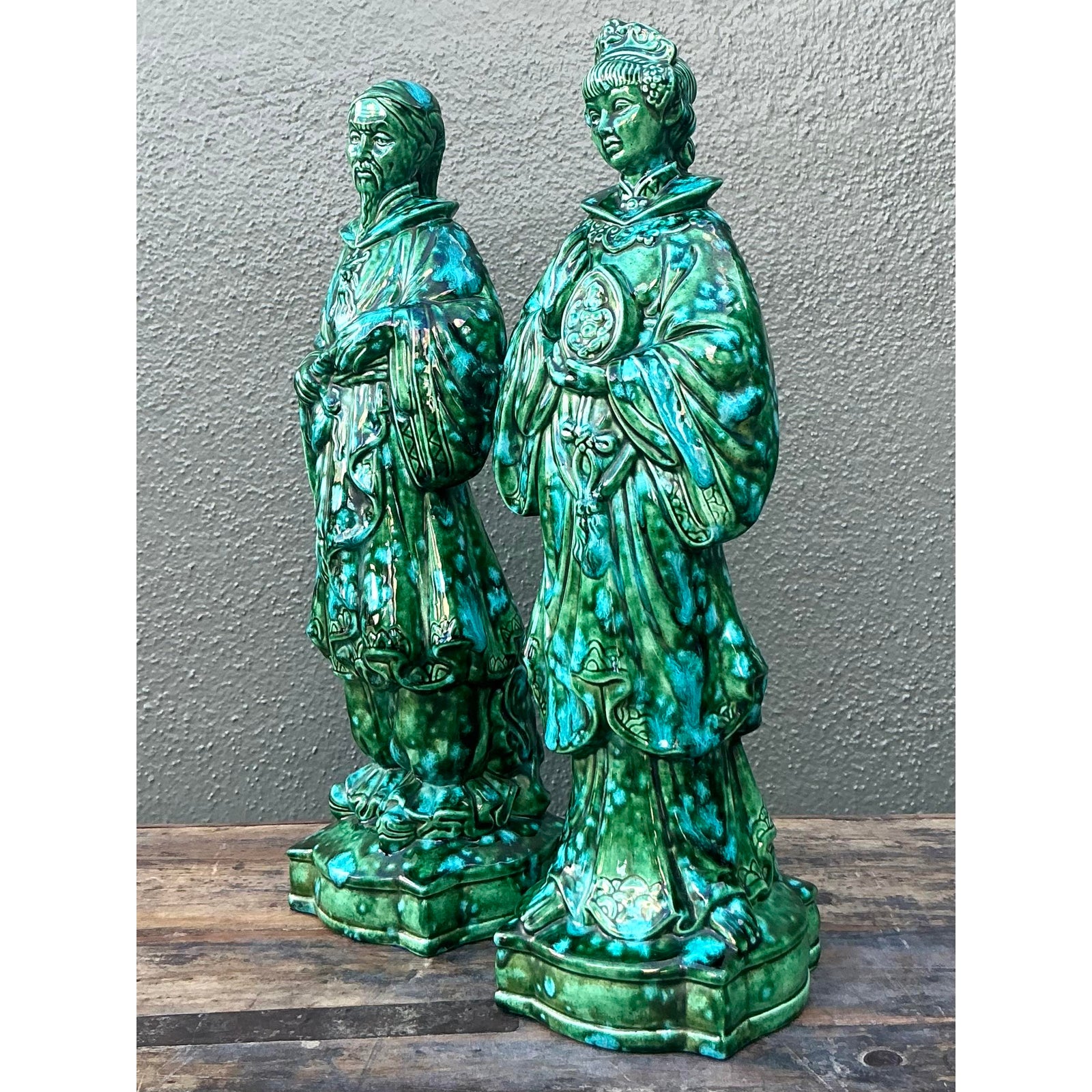 Vintage MCM Glazed Ceramic Chinoiserie Figures - Set of 2 - Side view