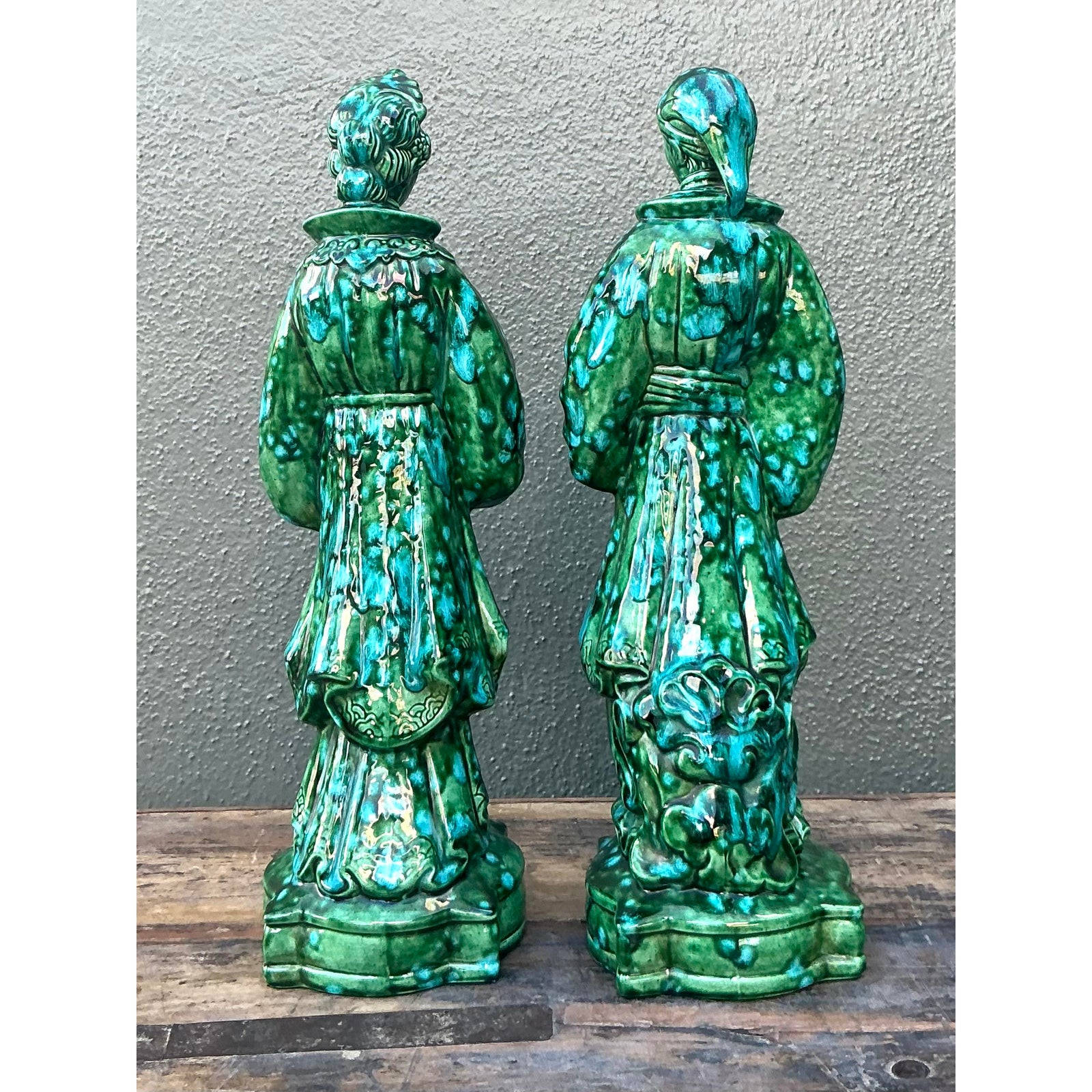 Vintage MCM Glazed Ceramic Chinoiserie Figures - Set of 2 - Top view