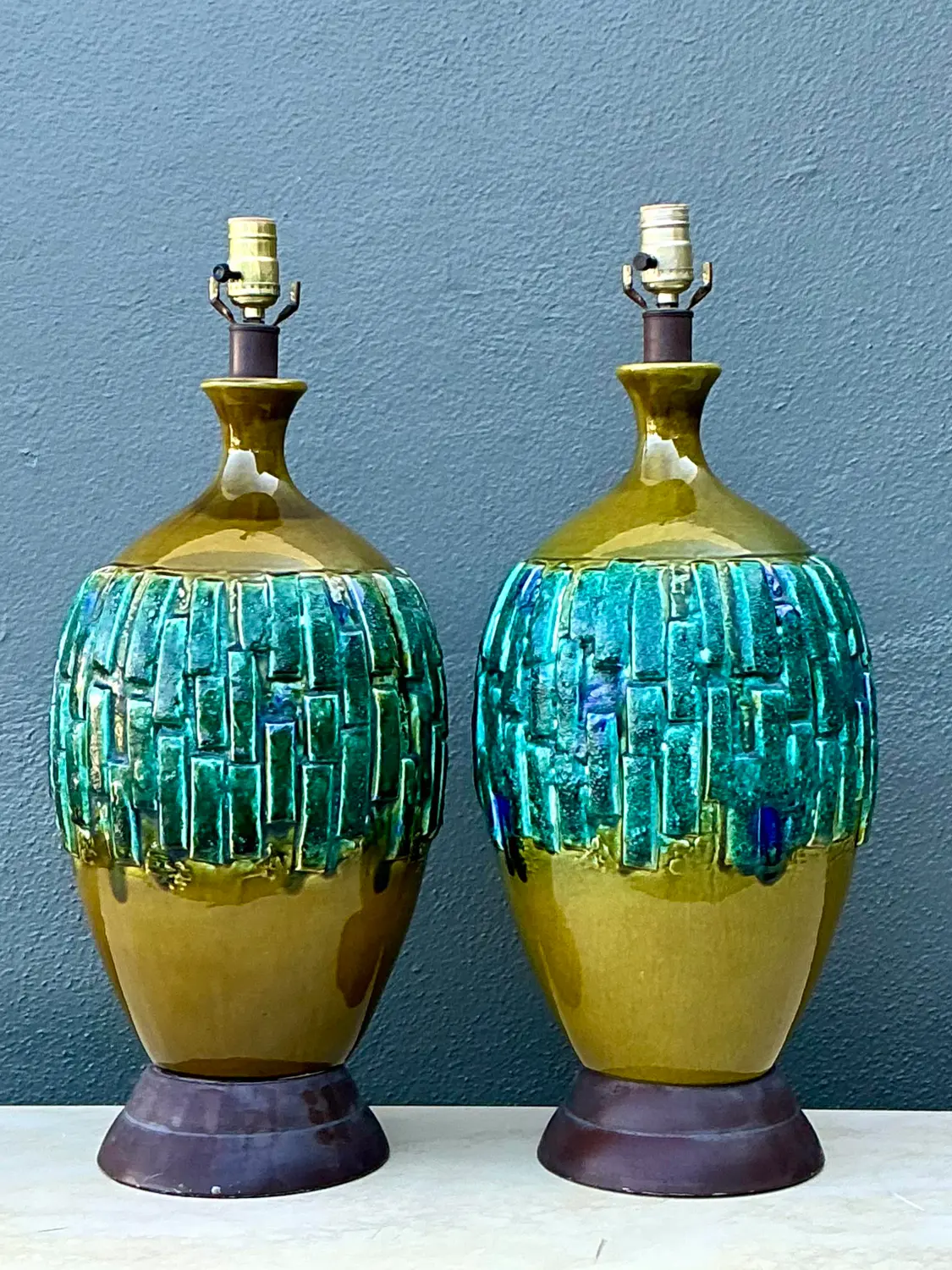 Vintage MCM Glazed Ceramic Lamps - A Pair - Side view