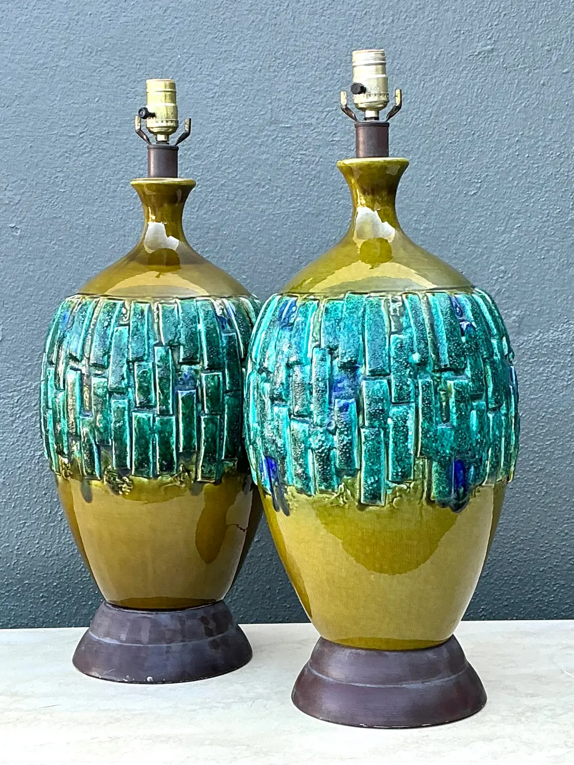Vintage MCM Glazed Ceramic Lamps - A Pair - Top view