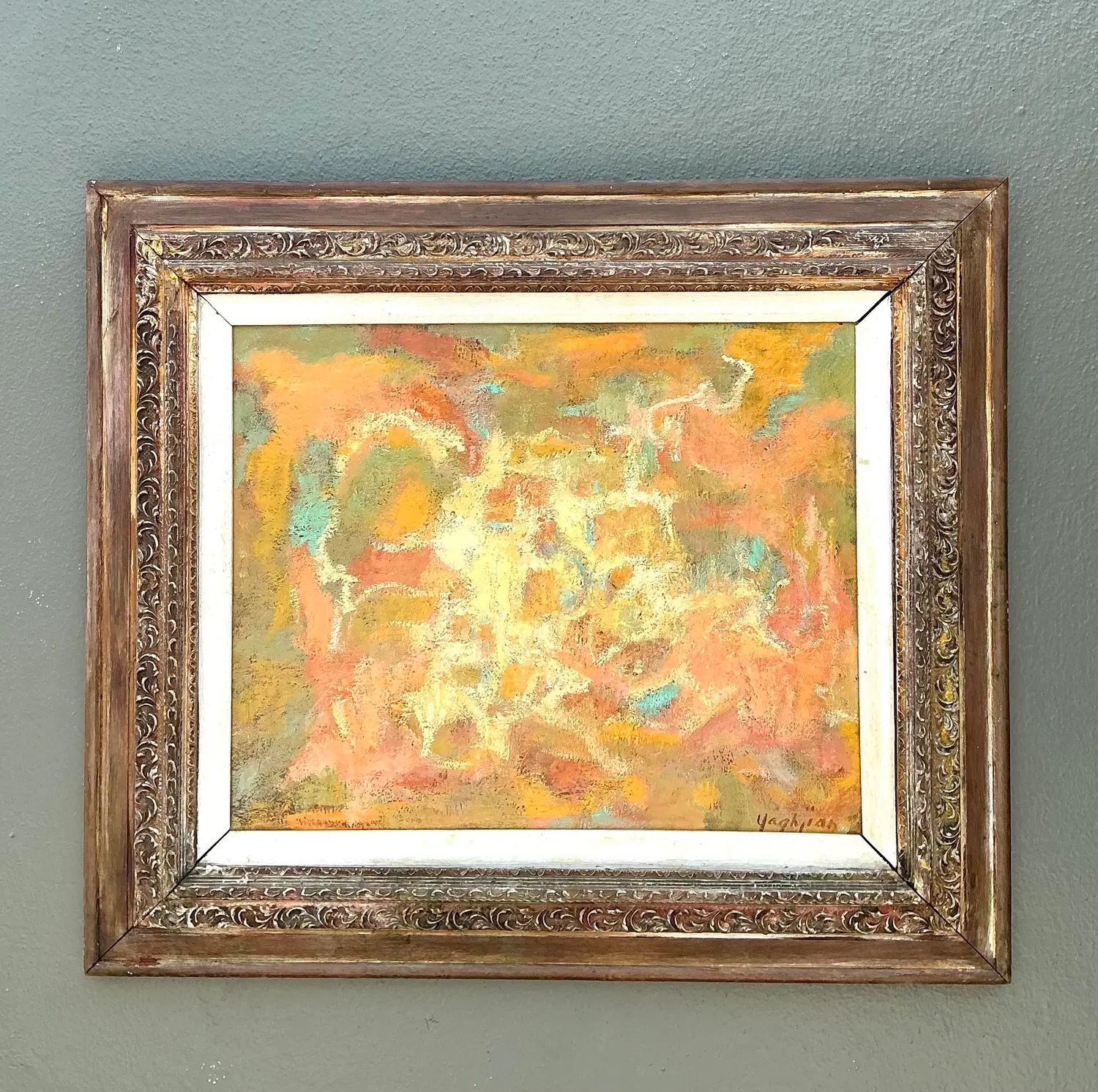 Vintage MCM Original Abstract Oil on Canvas - Top view