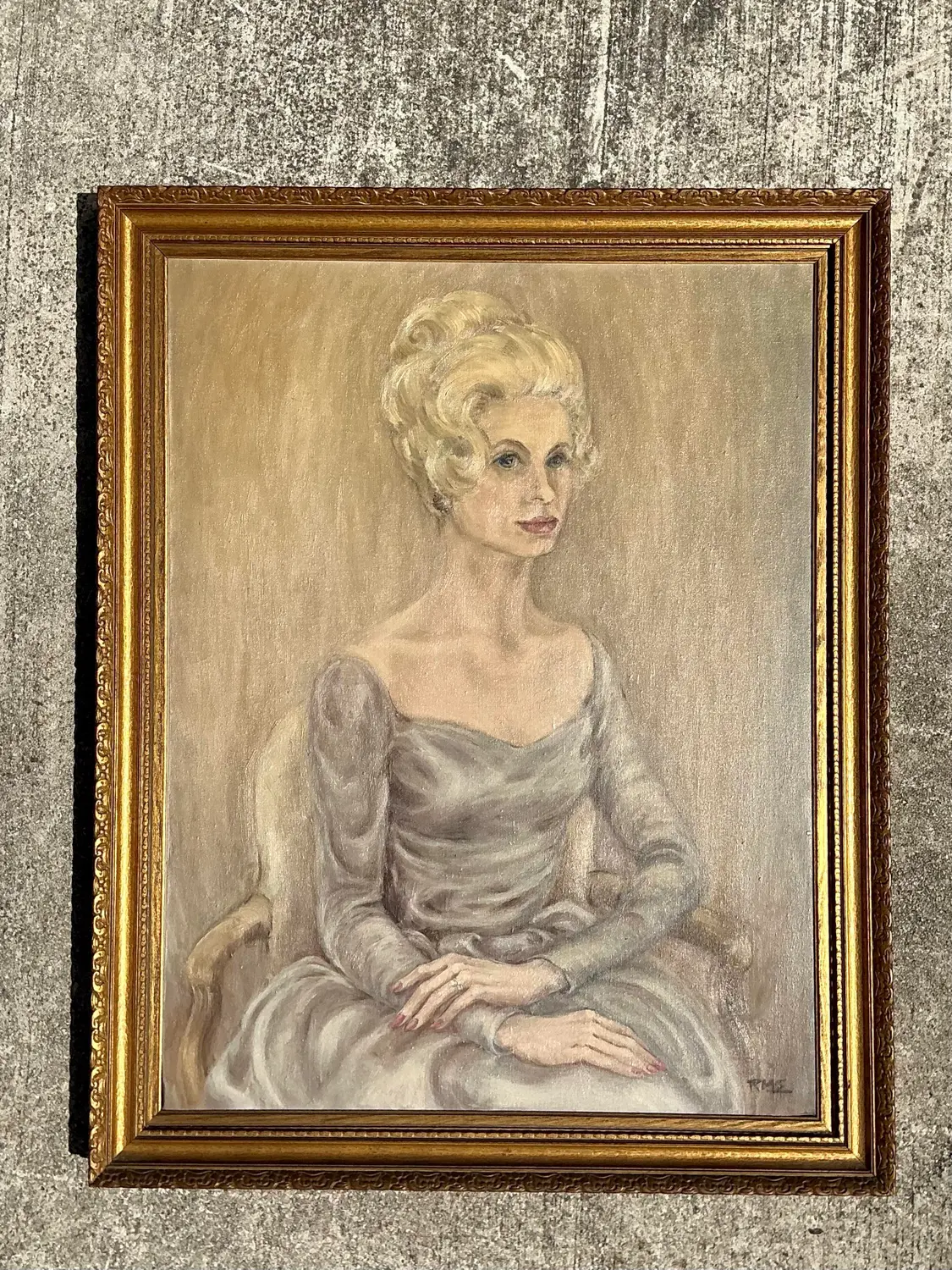 Vintage MCM Original Oil Portrait of Woman - Top view