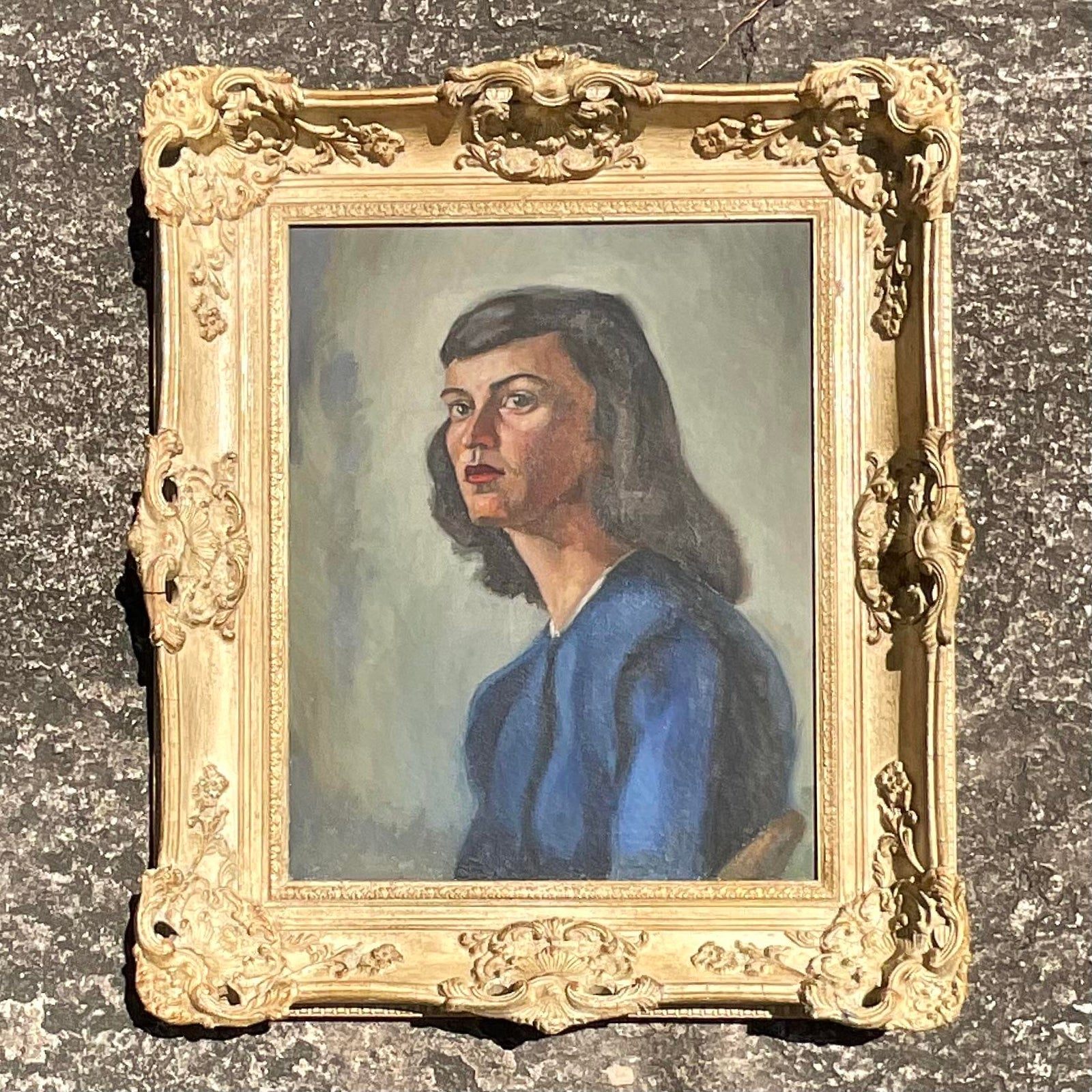 Vintage MCM Original Oil Portrait on Canvas - Detail view