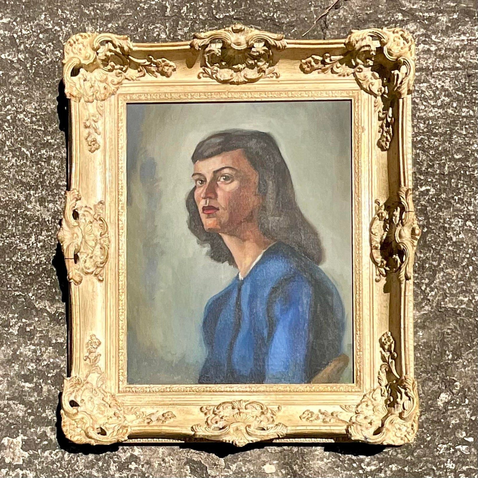 Vintage MCM Original Oil Portrait on Canvas - Side view