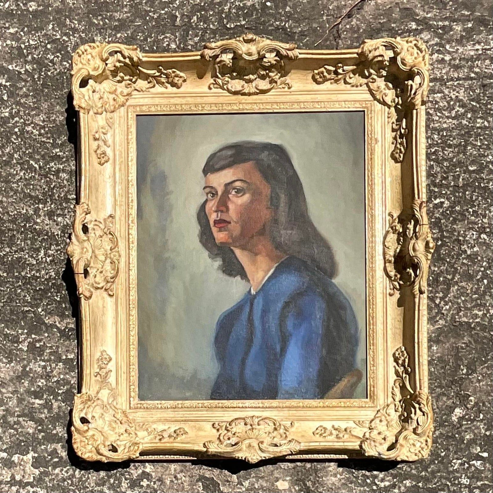 Vintage MCM Original Oil Portrait on Canvas - Back view