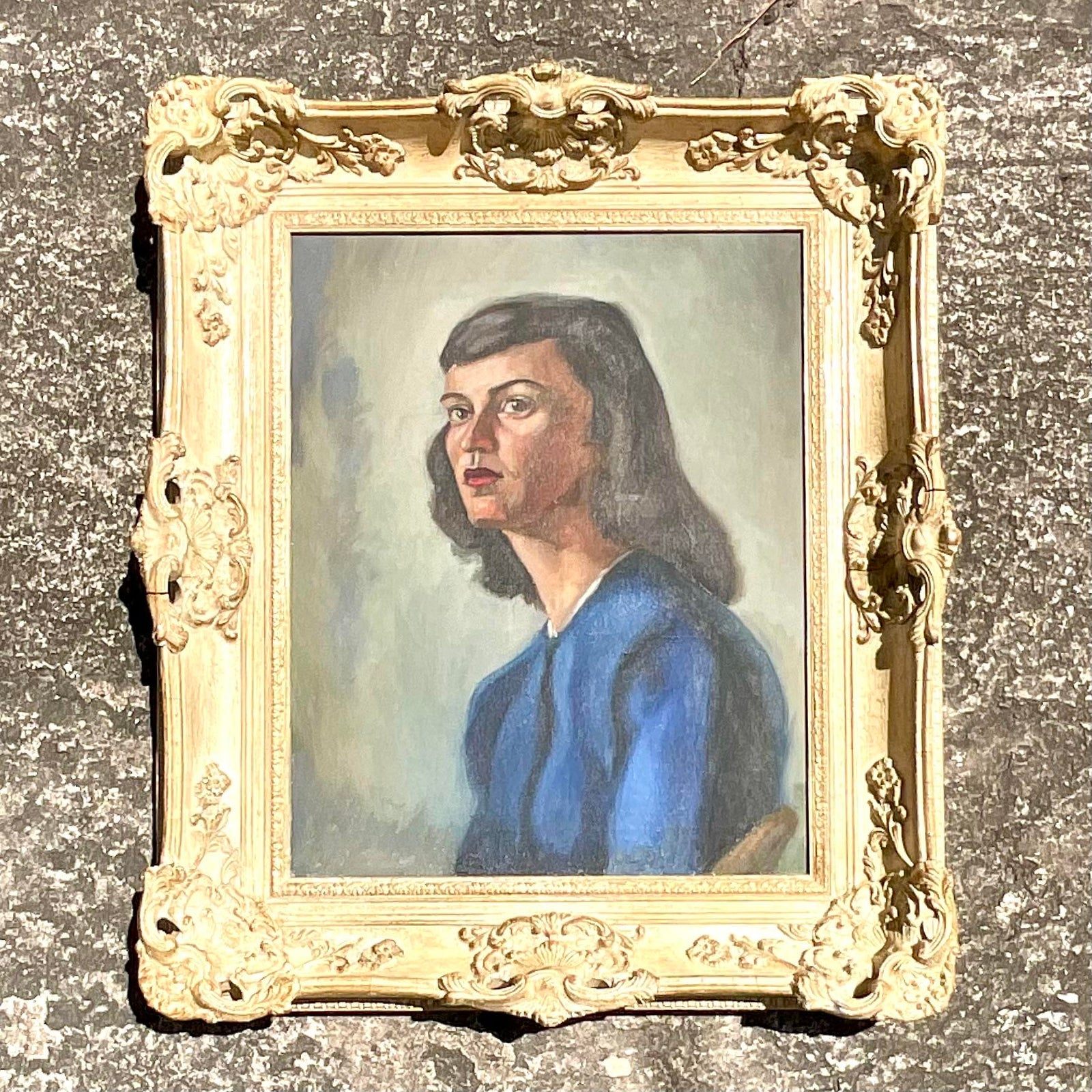 Vintage MCM Original Oil Portrait on Canvas - Top view