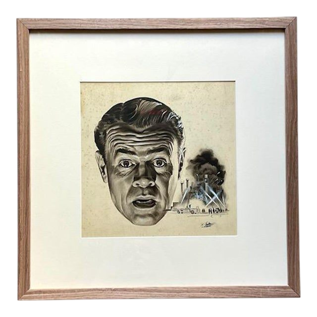 Vintage MCM Sci-Fi Signed Original Ink Sketch of Man’s Face