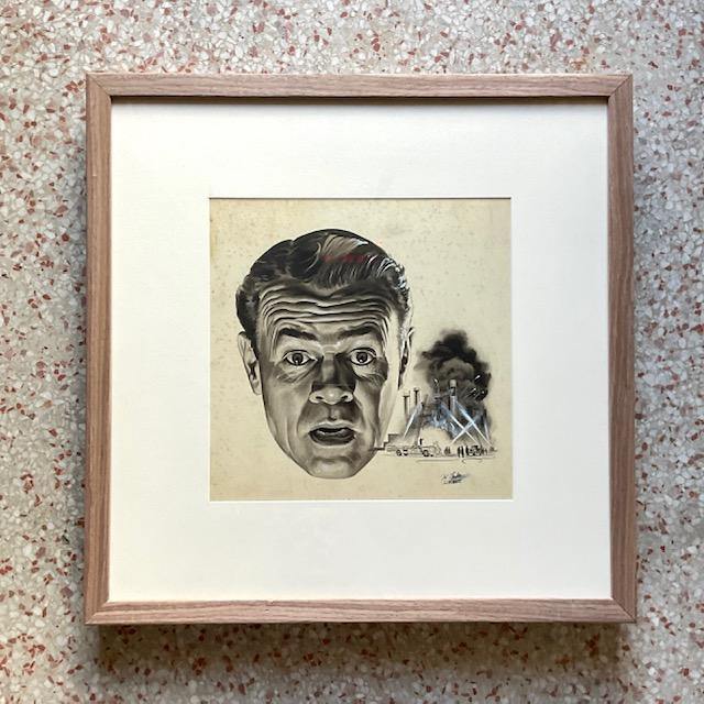 Vintage MCM Sci-Fi Signed Original Ink Sketch of Man’s Face - Detail view