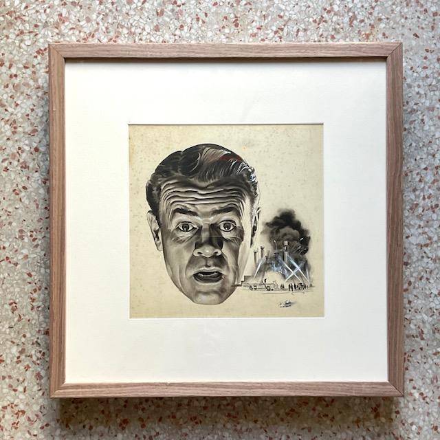 Vintage MCM Sci-Fi Signed Original Ink Sketch of Man’s Face - Side view