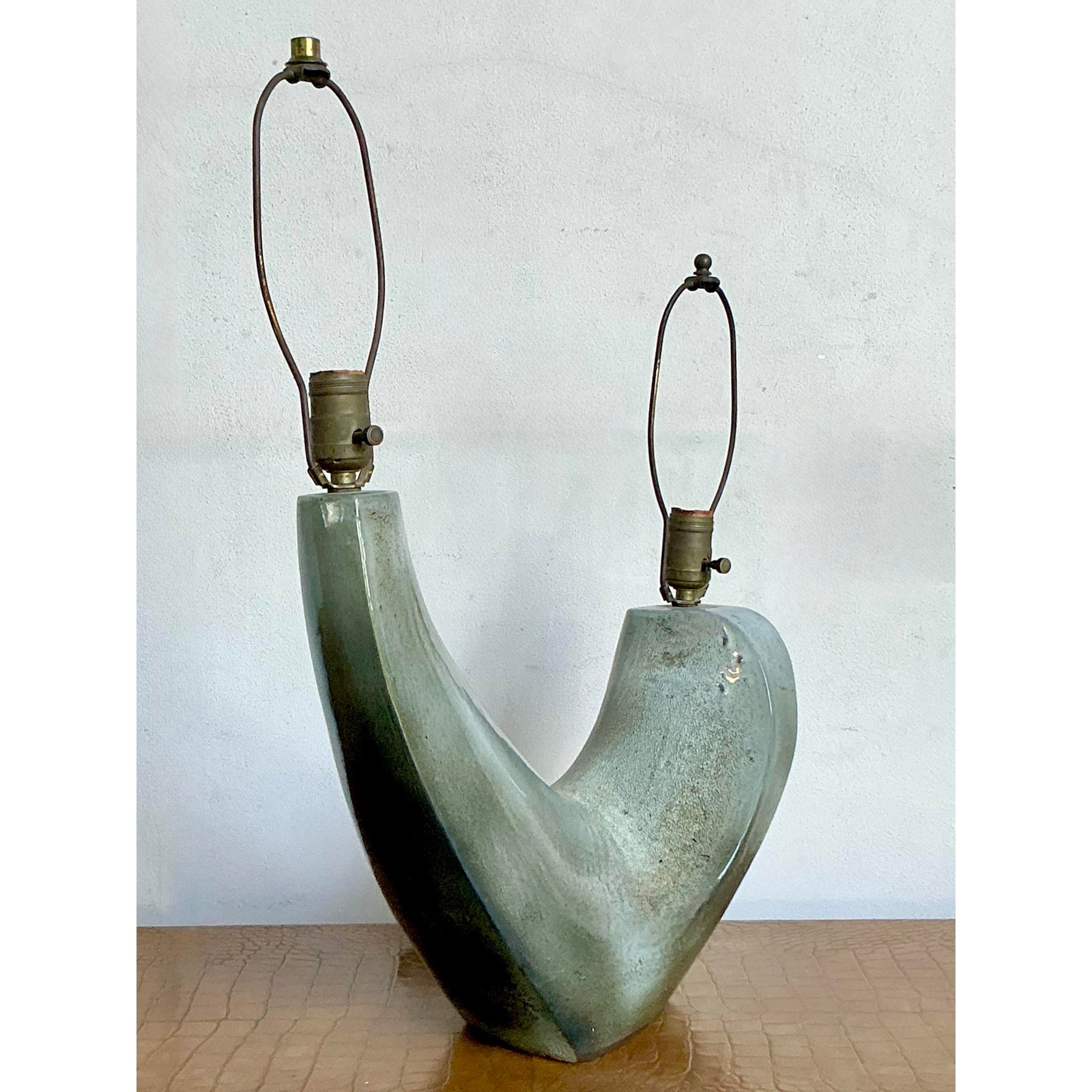 Vintage MCM Signed Glazed Ceramic Double Branch Lamp - Detail view