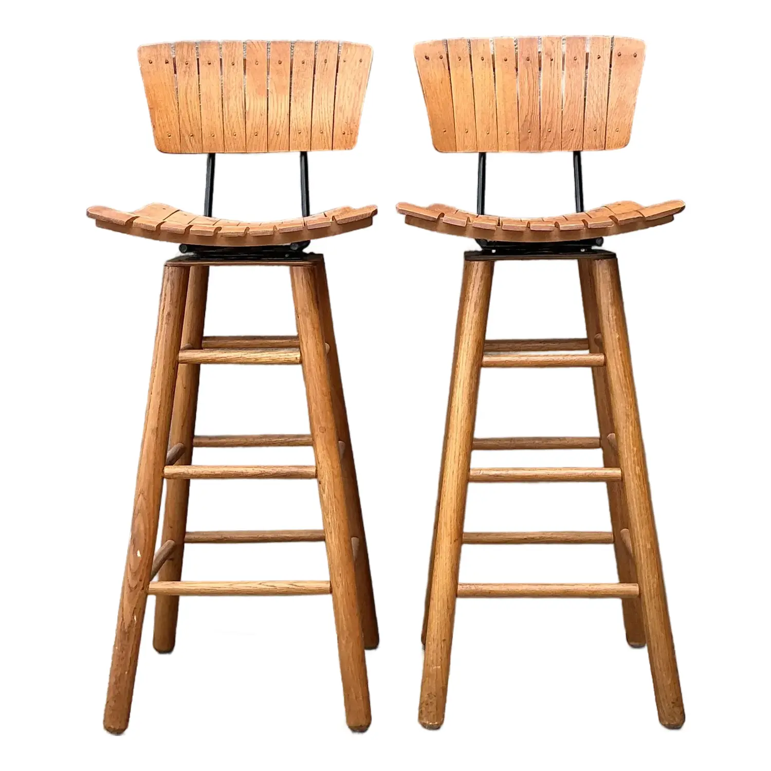 Vintage MCM Slat Swivel Bar Stools After Arthur Umanoff